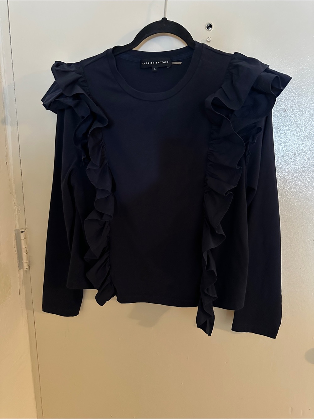 English Factory Navy Knit Crew Neck Ruffle Long Sleeve Pullover Top Women's L
